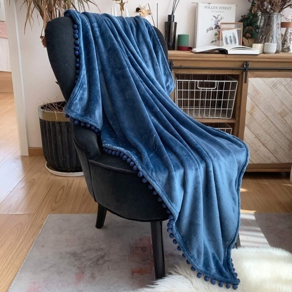 Navy Blue Pompom Fringe Chic Cozy Soft Throw Blanket/Cover